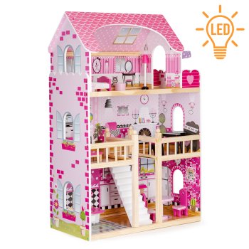 ECOTOYS medinis lėlių namelis su LED apšvietimu ir baldais 133618