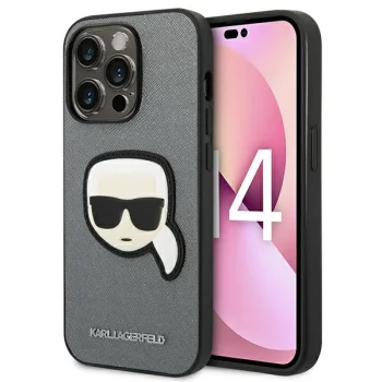 Karl Lagerfeld Saffiano Karl's Head Patch dėklas iPhone 14 Pro Max - sidabrinis