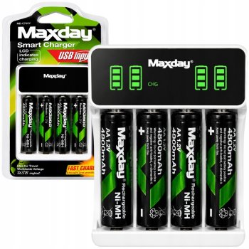 Maxday AA / AAA baterijų įkroviklis su LCD ekranu ir 4 AA baterijomis, baltas