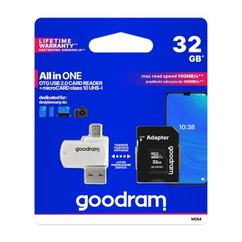 Goodram 32GB microSDHC atminties kortelė Class 10 UHS-I su adapteriu ir skaitytuvu, juoda