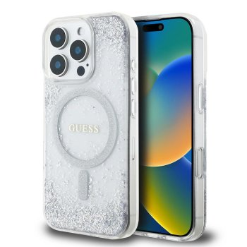 Guess Resin Gradient Glitter MagSafe dėklas iPhone 16 Pro Max, sidabrinis