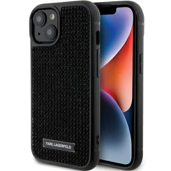 Karl Lagerfeld dėklas iPhone 15 telefonui Rhinestone Logo Metal Plate, juodas