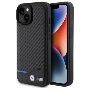 BMW Leather Carbon dėklas, skirtas iPhone 15, juodas