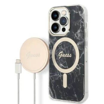 Dėklo ir įkroviklio rinkinys Guess Marble MagSafe, skirtas iPhone 14 Pro Max, juodas