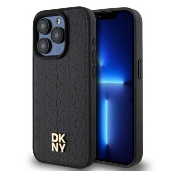 DKNY Leather Monogram dėklas iPhone 15 Pro telefonui su MagSafe, juodas