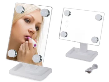 LED kosmetinis makiažo veidrodis su 180° pasukimu, baltas