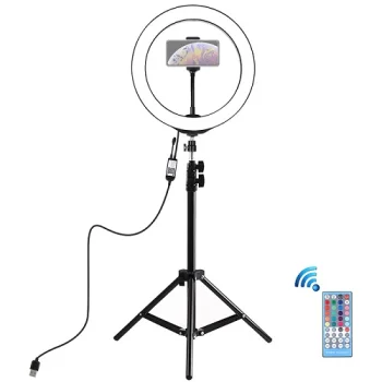LED žiedinė lempa 26 cm su stovu iki 1.1 m ir telefono laikikliu, USB