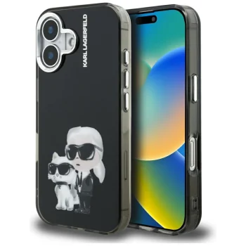 Karl Lagerfeld IML Aquarelle Karl & Choupette & Logo iPhone 16 Case - Black