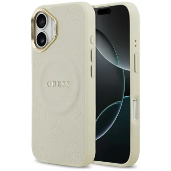Guess Peony Hot Stamp MagSafe dėklas iPhone 17 telefonui, smėlio spalvos