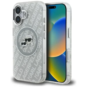 Karl Lagerfeld IML Glitter Karl & Choupette Heads MagSafe Case for iPhone 16, Gray