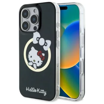 Hello Kitty dėklas iPhone 16 Pro su MagSafe, IML Fun Bow, juodas