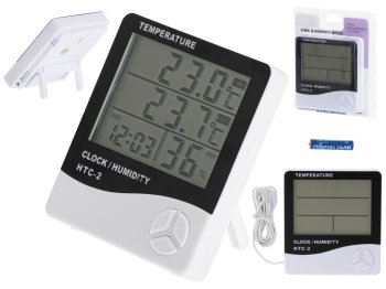 Digital Thermometer Hygrometer HTC-2 with Clock, Alarm and Calendar, white-black
