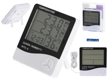 Digital Thermometer Hygrometer HTC-2 with Clock, Alarm and Calendar, white-black