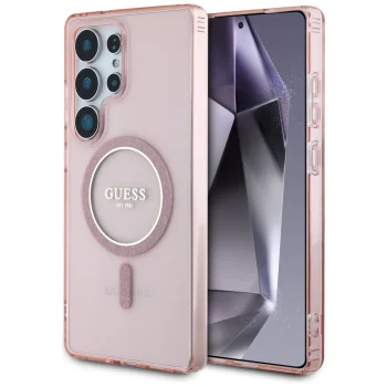 Guess Glitter Circle Classic Logo MagSafe dėklas Samsung Galaxy S25 Ultra, rožinis