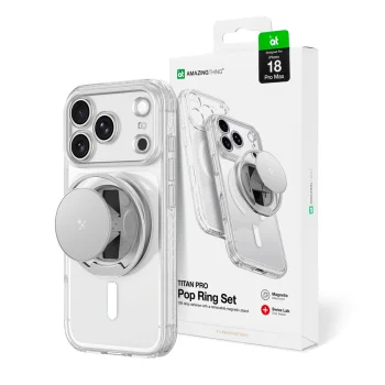 AmazingThing Titan Pro Pop Lens dėklas telefonui iPhone 18 Pro Max su stovu ir MagSafe, skaidrus