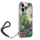 Guess Flower Strap dėklas iPhone 14 Pro telefonui su dirželiu, mėlynas