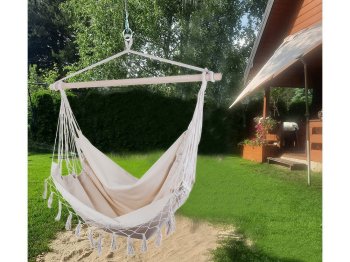 Brazilijos hamakas - pakabinamas krėslas su mediniu rėmu Boho stiliaus (130x90 cm), Maks. apkrova 120 kg