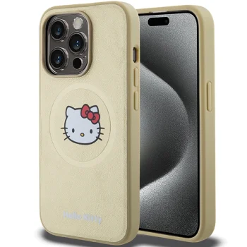 Hello Kitty dėklas iPhone 14 Pro Max telefonui Leather Kitty Head MagSafe, auksinis