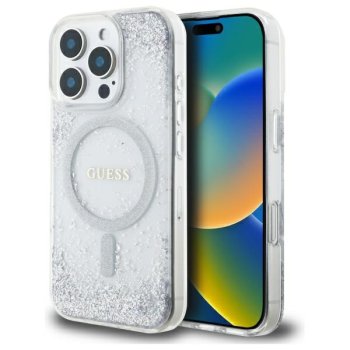 Guess Resin Gradient Glitter MagSafe dėklas telefonui iPhone 16 Pro, sidabrinis