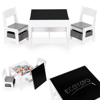 ECOTOYS vaikiškas stalas su 2 kėdutėmis, lentos stalviršiu ir dėžėmis ZKC-1A