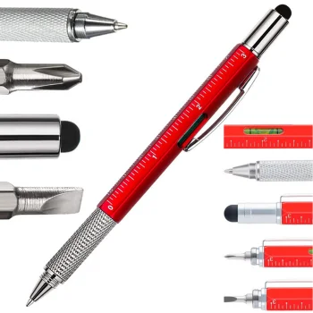 Daugiafunkcis rašiklis multitool „6 viename“ su atsuktuvu ir gulsčiuku, raudonas