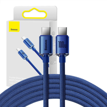 Baseus Crystal Shine USB Type C to USB Type C Data Charging Cable 100W, 1.2m, Blue