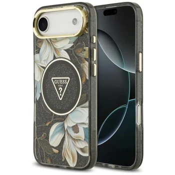 Guess IML Glitter Flowers Triangle MagSafe dėklas, skirtas iPhone Air, juodas