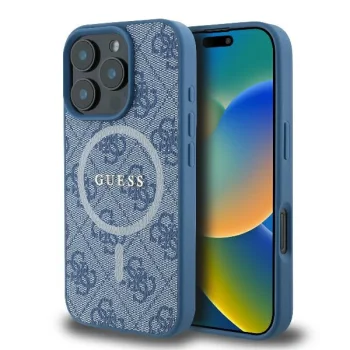 Guess iPhone 16 Pro dėklas 4G Ring Classic Logo MagSafe, mėlynas
