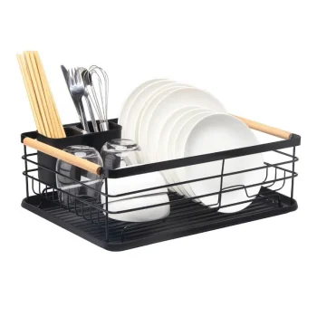 One-tier dish drying rack with removable tray and wooden handles black