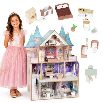 Ecotoys Bella Wooden Castle Dollhouse 4 Floors 15 Furniture Pieces