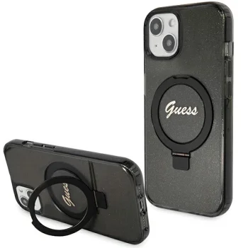 Guess Ring Stand Script Glitter MagSafe dėklas iPhone 15 telefonui, juodas