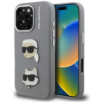 Karl Lagerfeld FW Grained Karl & Choupette Heads Pins Case for iPhone 16 Pro, Gray