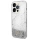 Guess iPhone 14 Pro dėklas Liquid Glitter Marble, baltas