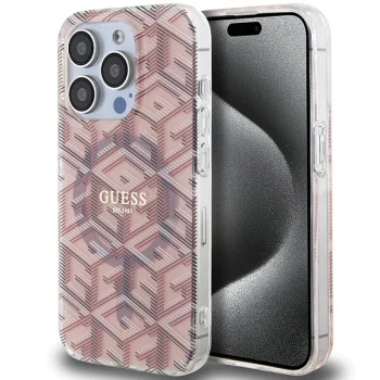 Guess IML GCube MagSafe dėklas telefonui iPhone 15 Pro, rožinis