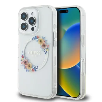 Guess dėklas iPhone 16 Pro telefonui IML Flowers Wreath MagSafe, skaidrus