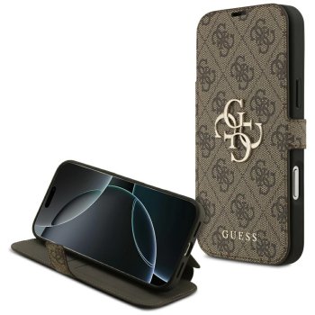 Guess Book 4G Metal Logo atverčiamasis dėklas iPhone 17 Pro Max, rudas