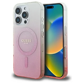 Guess dėklas iPhone 16 Pro telefonui IML Glitter Gradient MagSafe, rožinis
