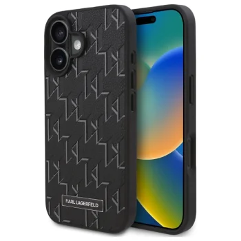Karl Lagerfeld dėklas iPhone 16 telefonui Leather Monogram Metal Logo MagSafe, juodas