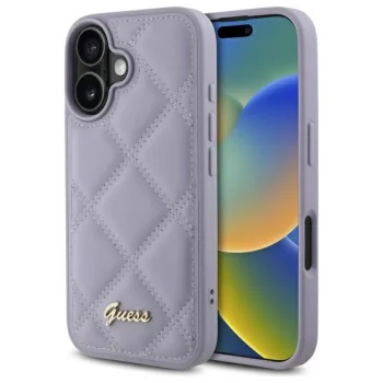 Guess dėklas iPhone 16 Quilted Metal Logo, šviesiai violetinis