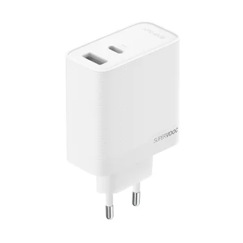 Sieninis įkroviklis Oppo VCB8OAEH 80W, USB-A ir USB-C, GaN, baltas