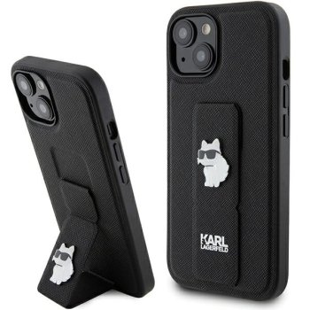 Karl Lagerfeld dėklas iPhone 15 telefonui Saffiano Choupette Pins Gripstand, juodas