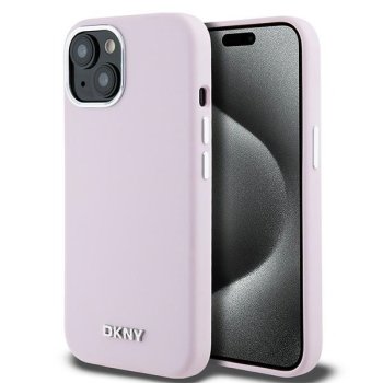DKNY dėklas iPhone 15 telefonui Silicone Horizontal Metal Logo MagSafe, rožinis