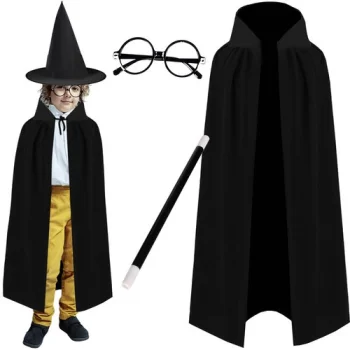 Kruzzel Magician / Wizard Costume Set, 4 Pcs, Black