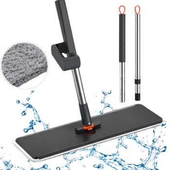 Flat Microfiber Floor Mop with Telescopic Handle and Rotating Head, Grey