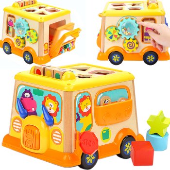 Bakalu medinis edukacinis autobusas-rūšiuoklis su kaladėlėmis ir skaičiais