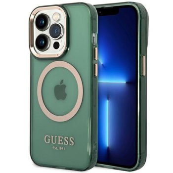 Guess Gold Outline Translucent MagSafe dėklas, skirtas iPhone 14 Pro, žalias