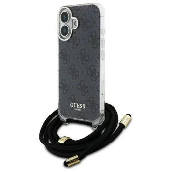 Guess dėklas iPhone 16 telefonui Crossbody Cord 4G Print, juodas