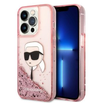 Karl Lagerfeld dėklas iPhone 14 Pro su skystais blizgučiais, rožinis