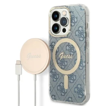Guess rinkinys iPhone 14 Pro dėklas ir MagSafe įkroviklis, mėlynas