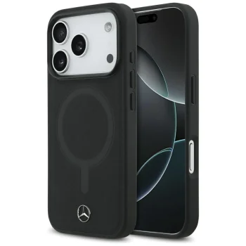 Mercedes dėklas iPhone 17 Pro telefonui Plain Smooth Leather MagSafe, juodas